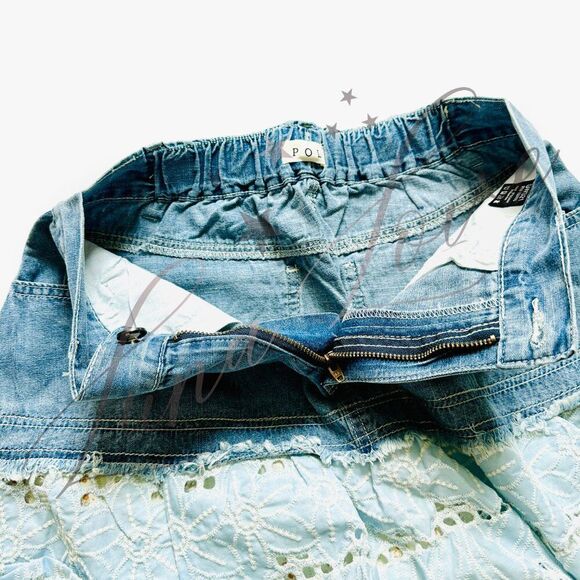 POL Clothing Floral Patchwork Eyelet Ruffle Denim Maxi Skirt NEW! - Picture 10 of 13